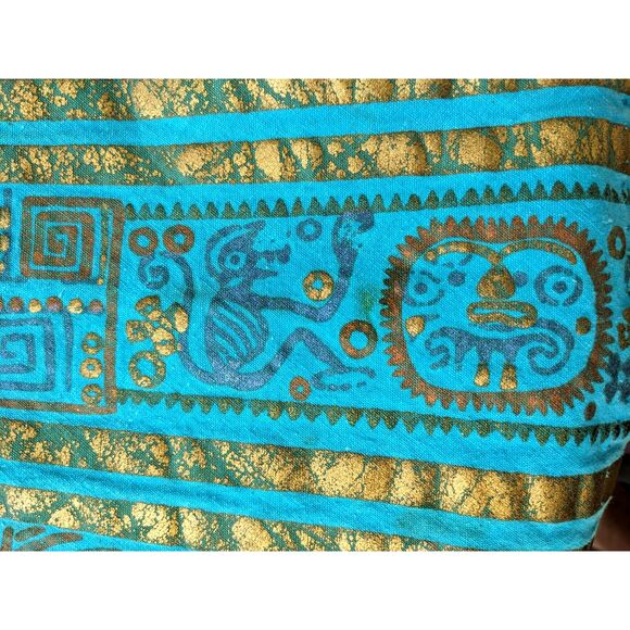 1950s MAYA de MEXICO Mayan Hieroglyph Hand Painted Aqua/Gold Circle Skirt sz. XS - Picture 6 of 14